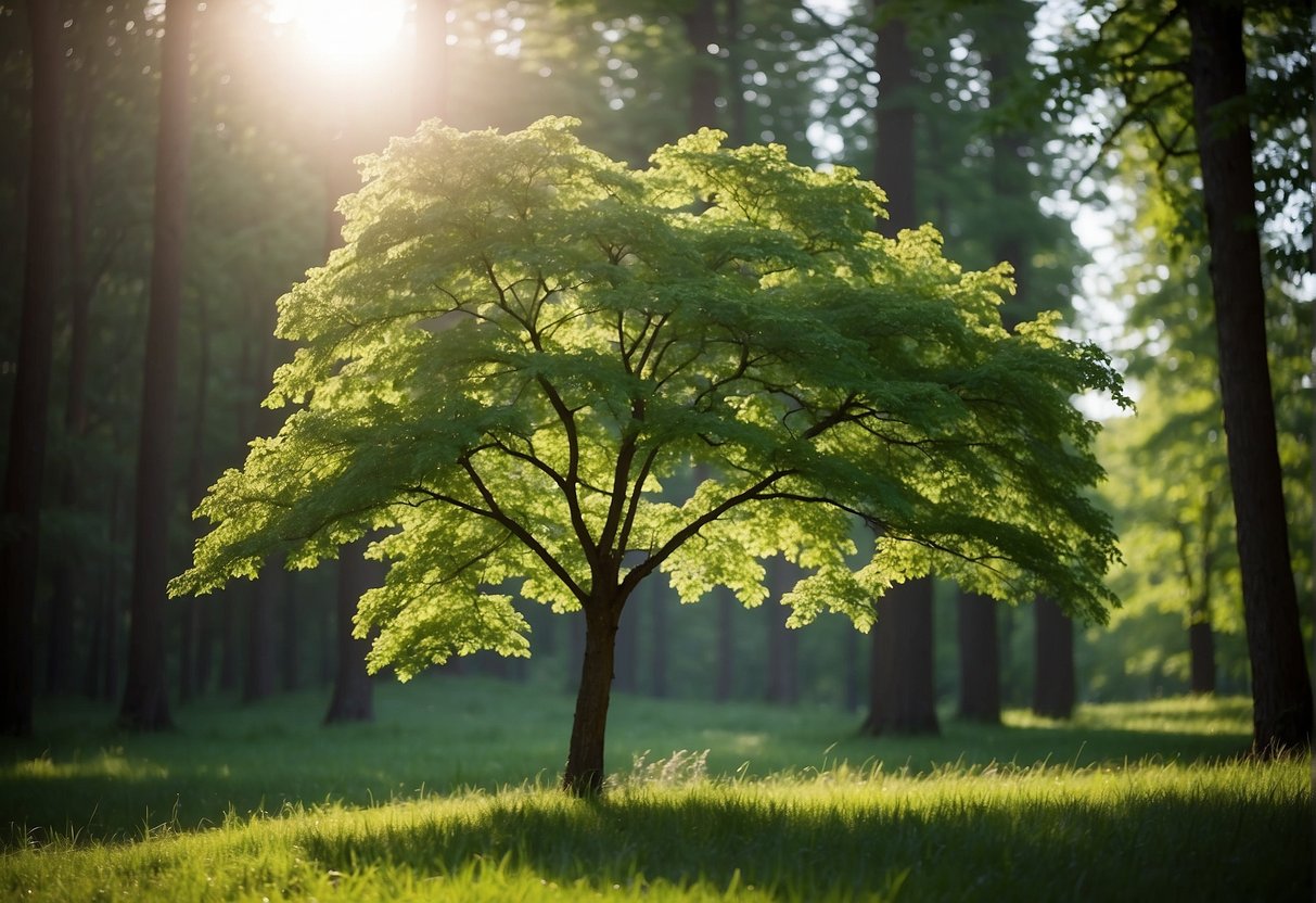 A vibrant green ash tree stands tall in a Minnesota forest, symbolizing the significance and dilemma of protecting versus removing ash trees in the state