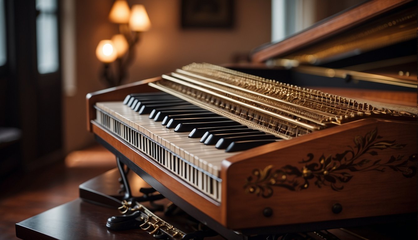 An autoharp and a harpsichord stand side by side, their strings taut and ready for music. The autoharp's buttons gleam in the light, contrasting with the ornate keys of the harpsichord