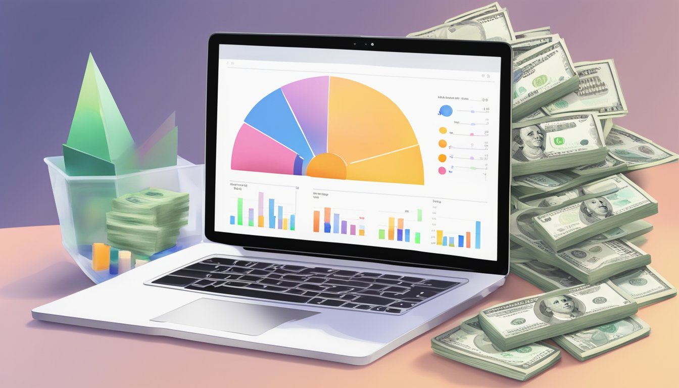 An open laptop displaying affiliate marketing data, with a graph showing CPA performance and a stack of dollar bills next to it