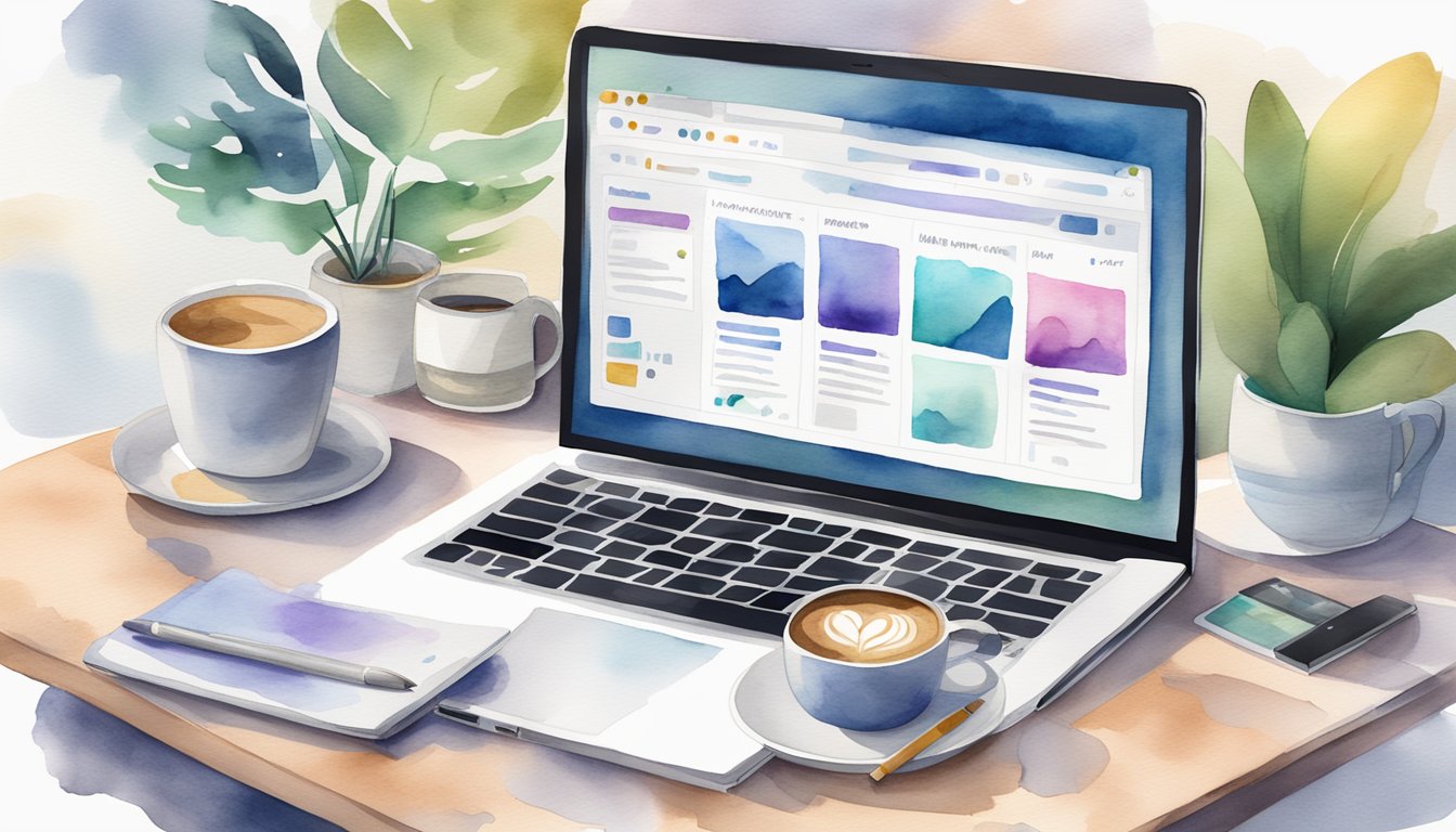 A laptop displaying a user-friendly website builder interface with affiliate marketing tools and features, surrounded by marketing materials and a cup of coffee