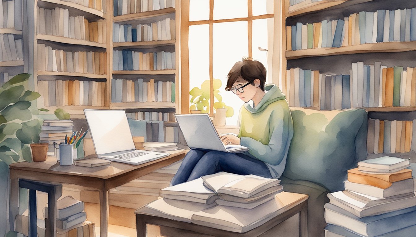 An introvert working quietly at home, surrounded by books, a laptop, and a cozy workspace