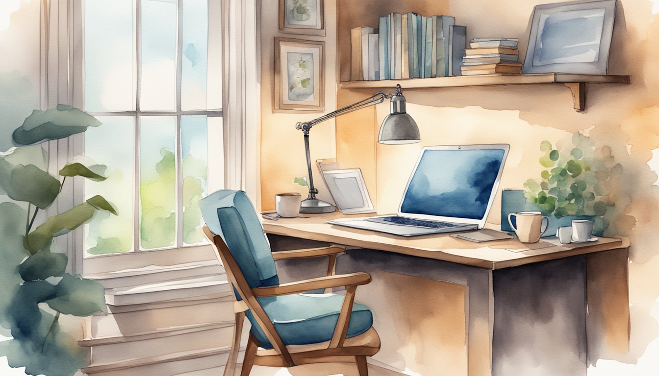 A cozy home office with a laptop, notebook, and coffee mug. A peaceful, introverted freelancer works independently