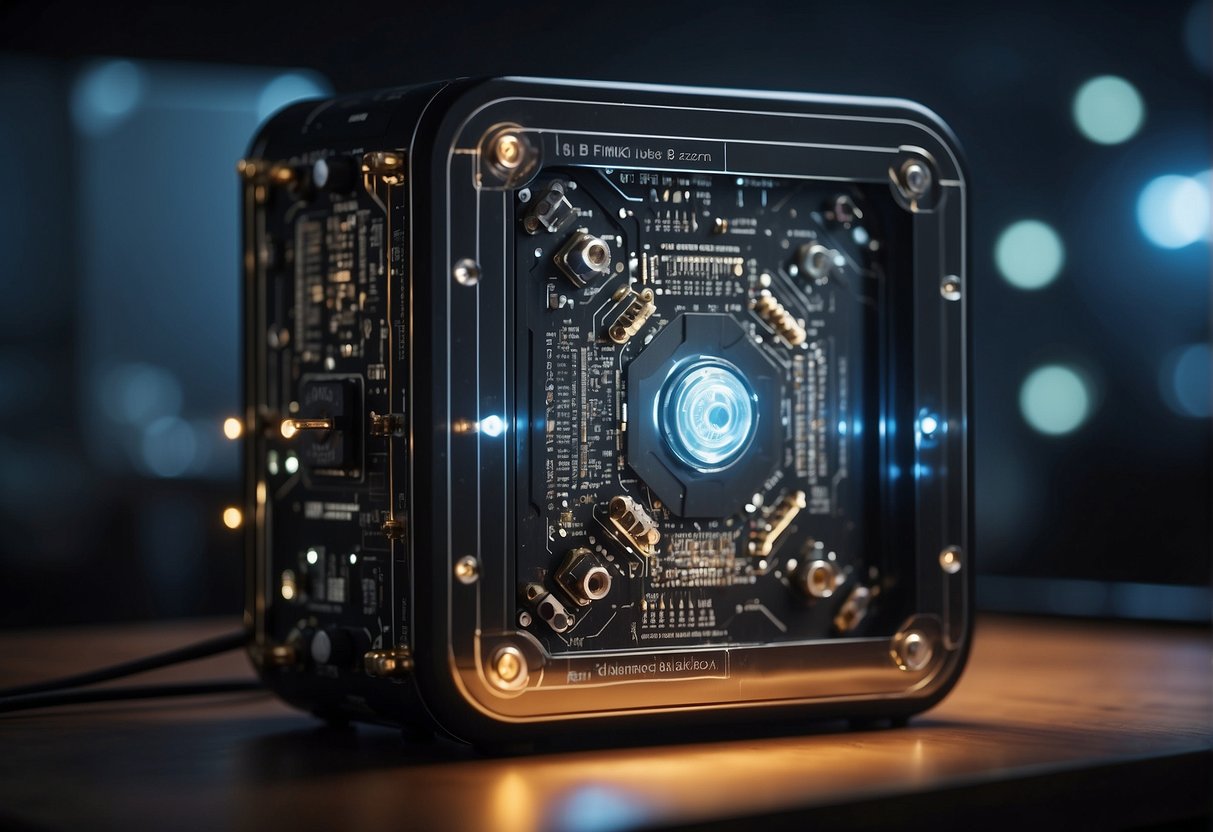 A mysterious blackbox AI sits on a table, emitting a faint glow. Wires and circuits are visible through a transparent casing, hinting at its complex inner workings