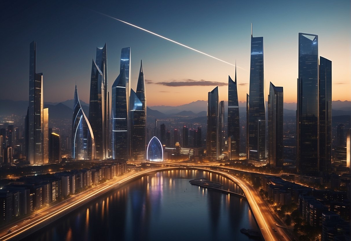 A futuristic cityscape with advanced AI technology and sleek, innovative designs. Bright lights and digital displays illuminate the skyline, showcasing the cutting-edge Blackbox AI technology
