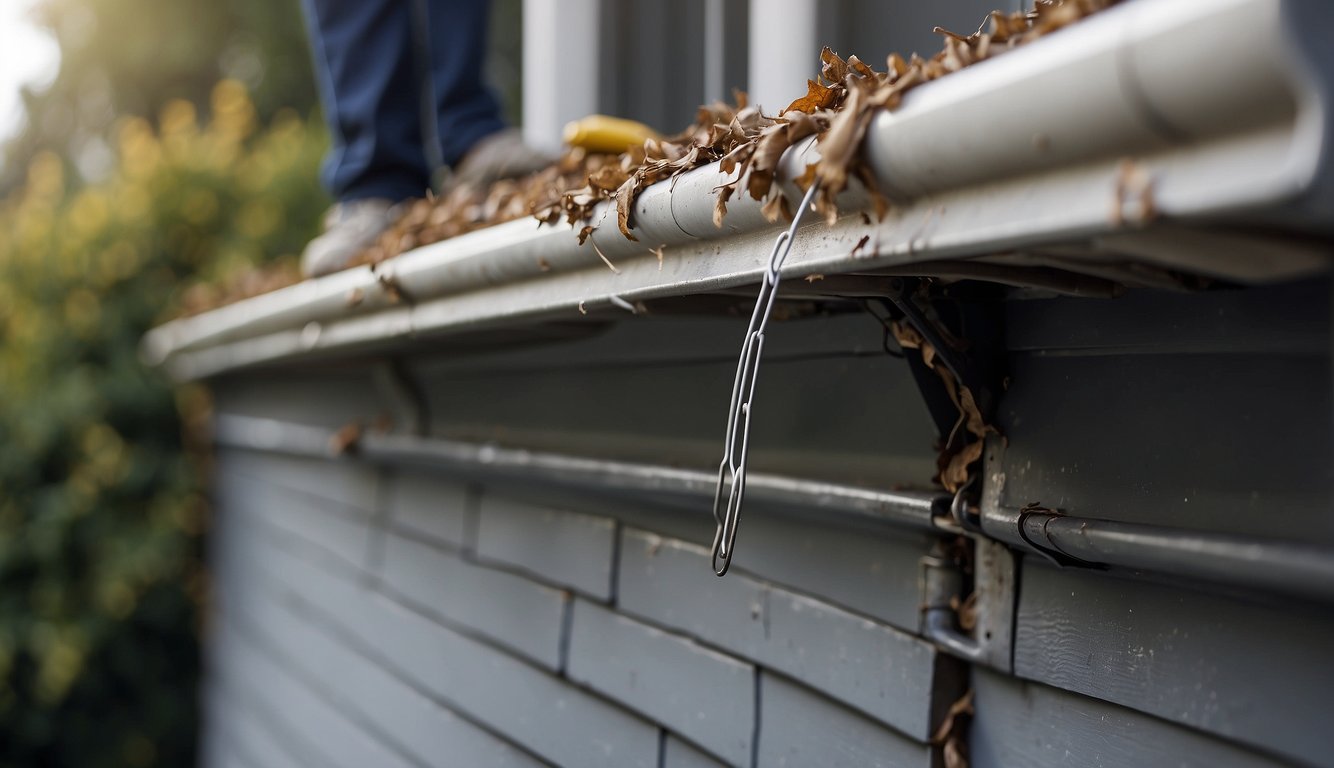 Gutters hang from a house, filled with debris. A ladder leans against the wall. A person uses a brush and cleaning solution to scrub the gutters, making them white again