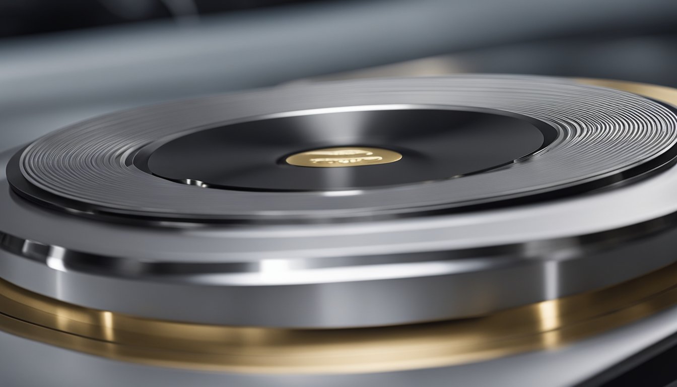 An aluminum turntable bearing sits on a clean, flat surface, with precise measurements and markings visible. The bearing is sleek and modern, with smooth edges and a polished finish