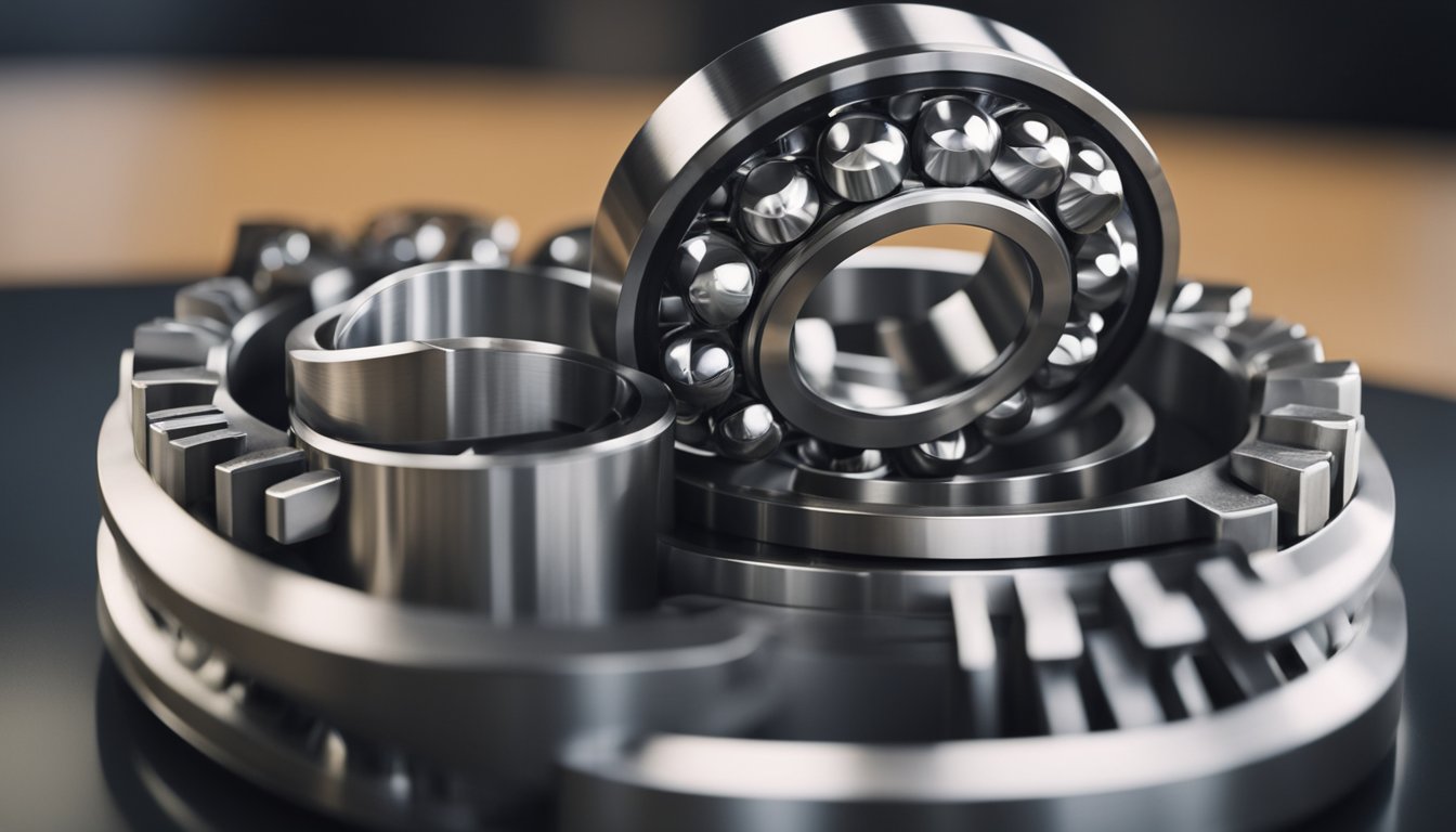 A ball bearing and roller bearing slewing ring rotate smoothly, showing their inner and outer rings with precision engineering details