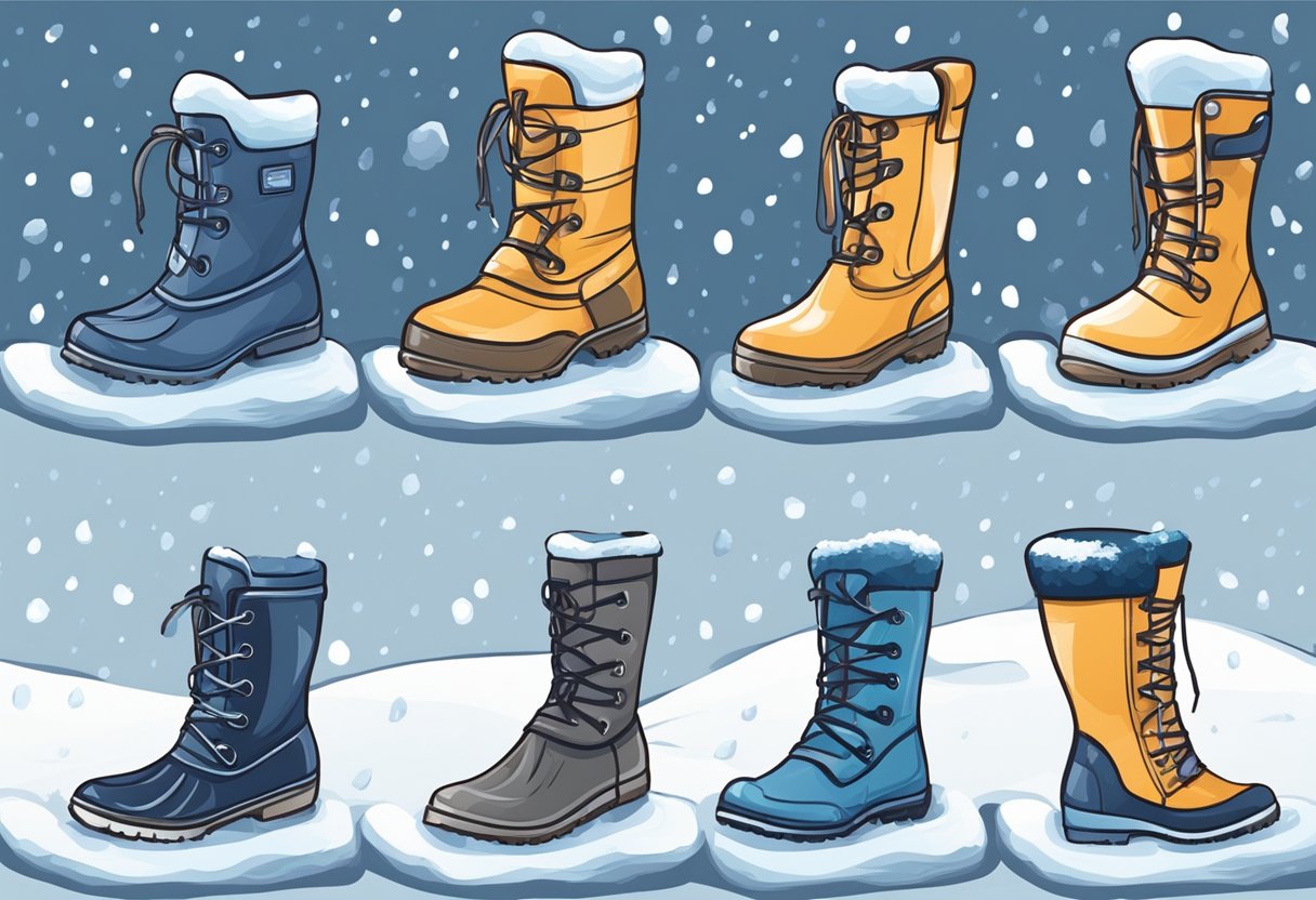 Shoes for different weather: rain, snow, heat. Show rain boots, snow boots, and breathable shoes. Include wet and snowy ground