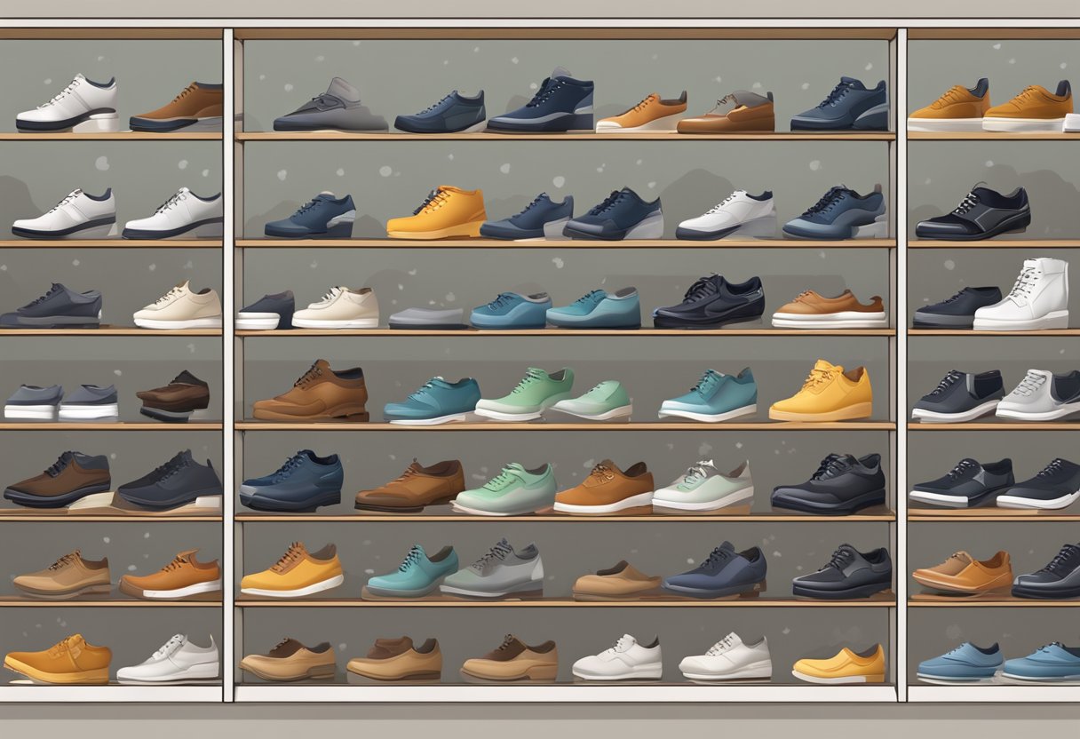 A shoe store display with shoes labeled for different weather conditions, featuring durable and comfortable materials