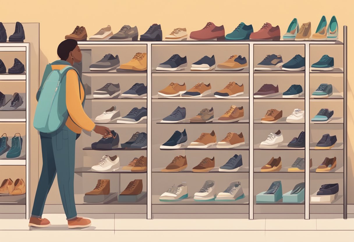 A variety of shoe sizes and styles are displayed on shelves, with measuring tools nearby. A person is seen trying on different shoes for a proper fit