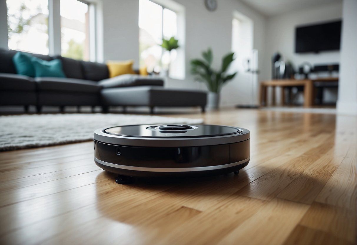 A robot vacuum cleaning various surfaces in a modern home, with focus on selecting the best criteria for choosing the ideal robot vacuum