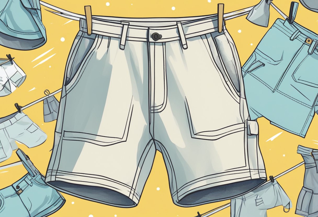 A pair of lightweight, breathable work shorts hang on a clothesline against a backdrop of a bright, sunny sky. The fabric is a light color to reflect the sun's rays, and the shorts have multiple pockets for carrying tools