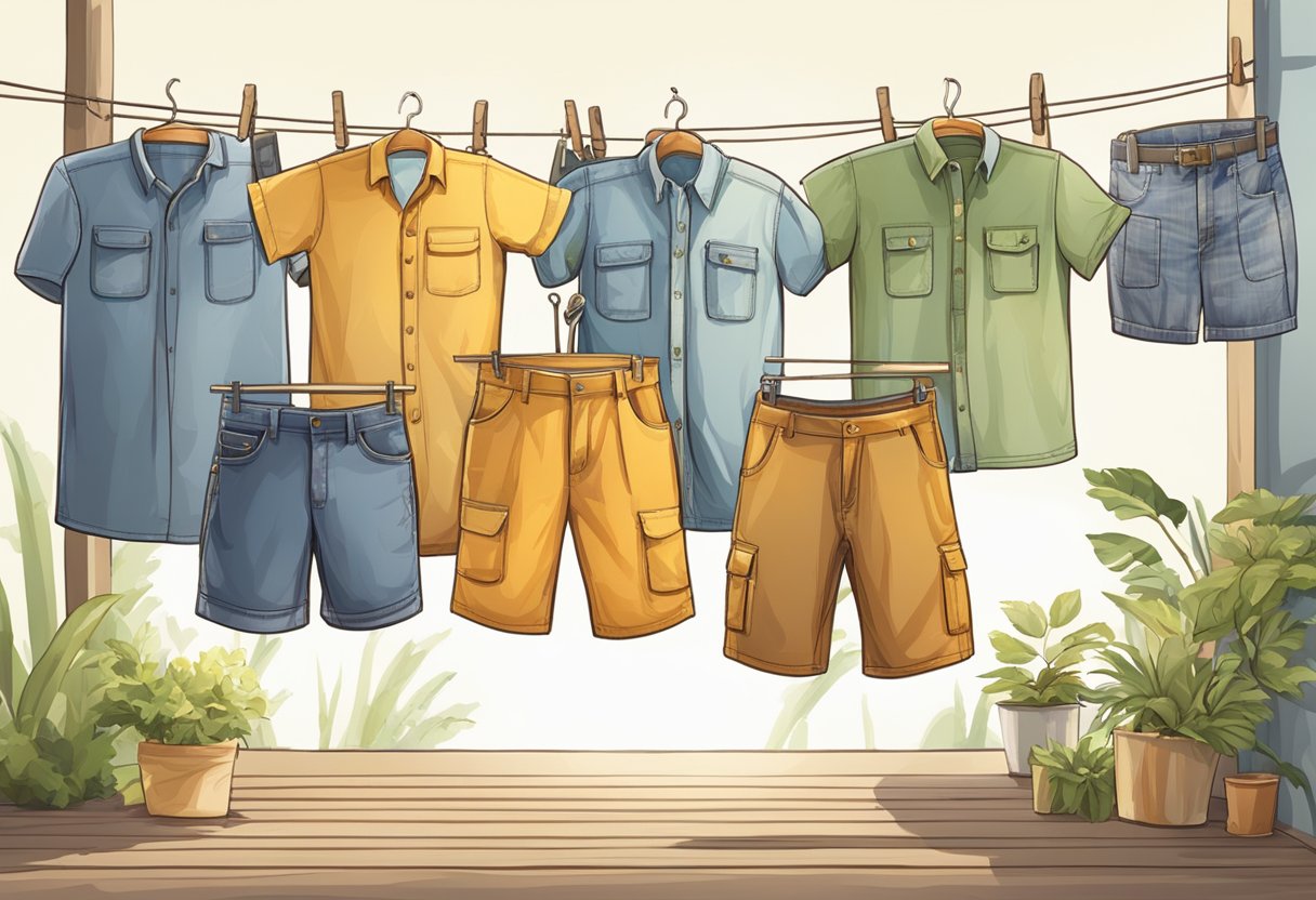 A sunny, sweltering outdoor setting with various work shorts from popular brands and models displayed on a clothesline or hanging from a rack