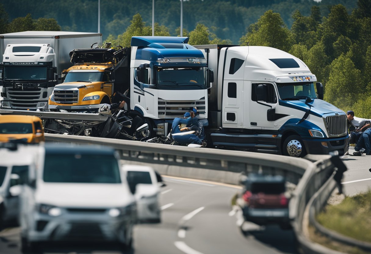 A large truck collides with a smaller vehicle on a busy highway, causing significant damage. The scene is chaotic, with emergency vehicles and concerned bystanders