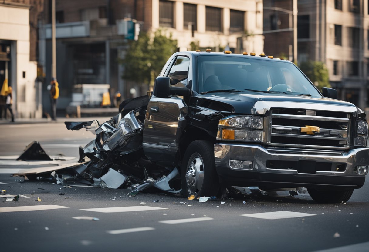 A truck collides with a car at an intersection. The car is crushed, and debris scatters across the road. A legal truck accident lawyer studies the scene