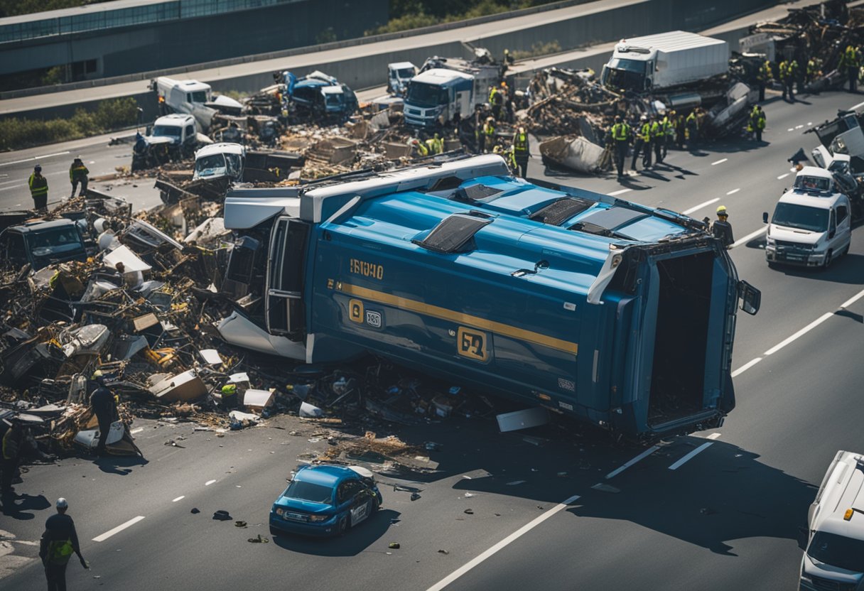 A truck overturned on a busy highway, spilling its cargo. Debris is scattered across the road, with emergency vehicles and a crowd of onlookers in the background