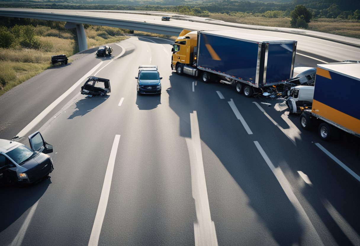 A truck collides with a smaller vehicle on a busy highway, causing significant damage and potential injuries. Skid marks and debris litter the scene, while emergency responders and law enforcement work to clear the area