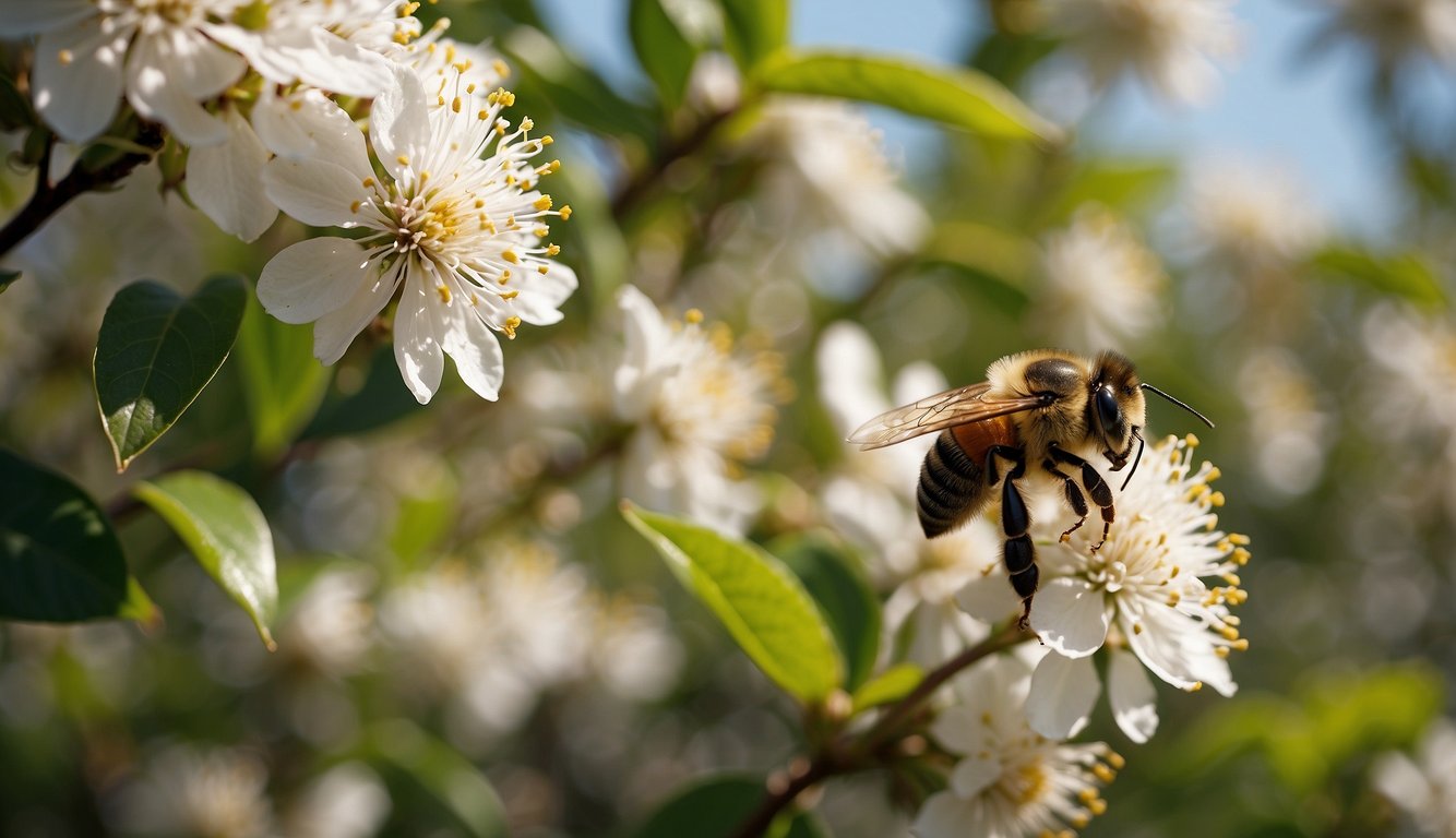 Bees pollinate blossoming fruit trees, yielding bountiful and colorful fruits