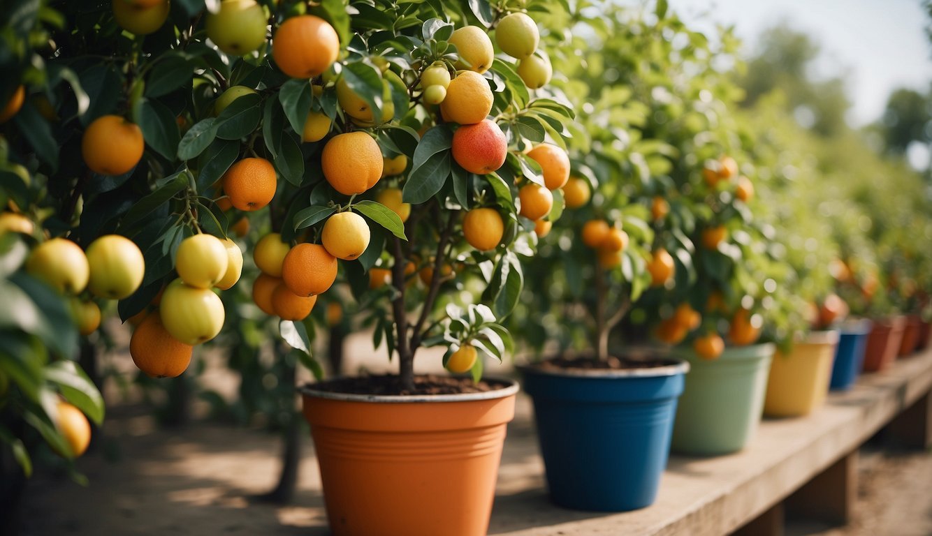 Lush fruit trees in colorful containers, blooming with vibrant foliage and ripe fruits