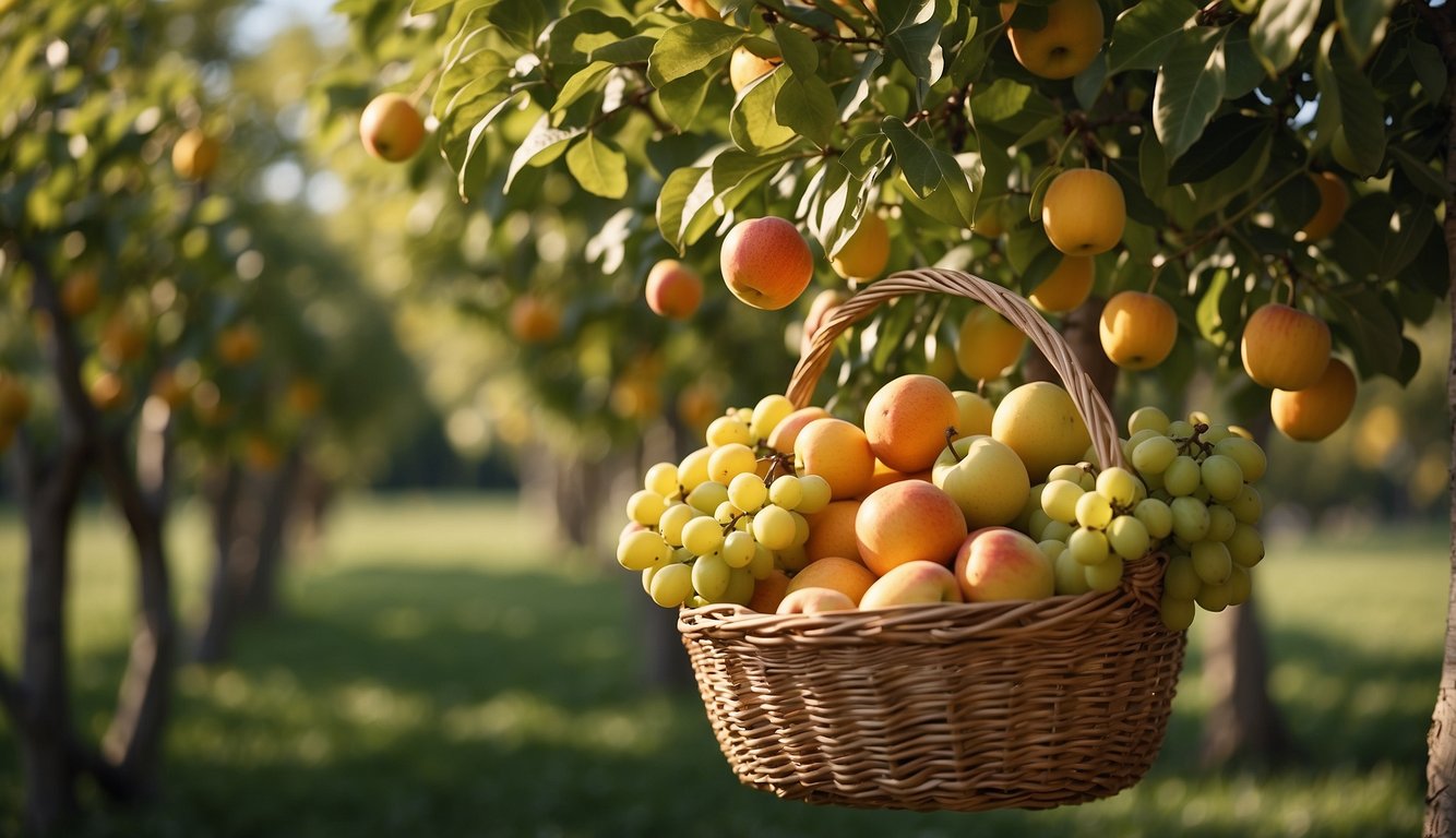 Lush fruit trees in a sun-dappled orchard, ripe fruit hanging from branches, a basket overflowing with colorful harvest, a serene, idyllic setting