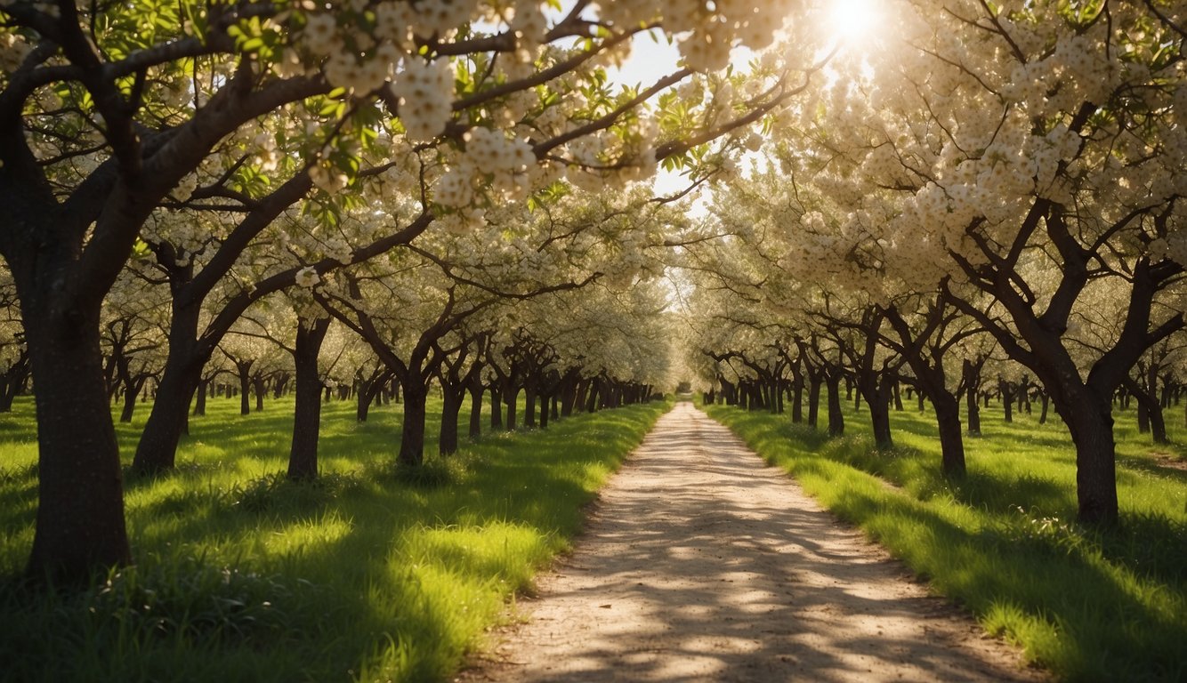 Lush orchard with vibrant fruit trees in full bloom. Sunlight filters through the branches, casting dappled shadows on the ground