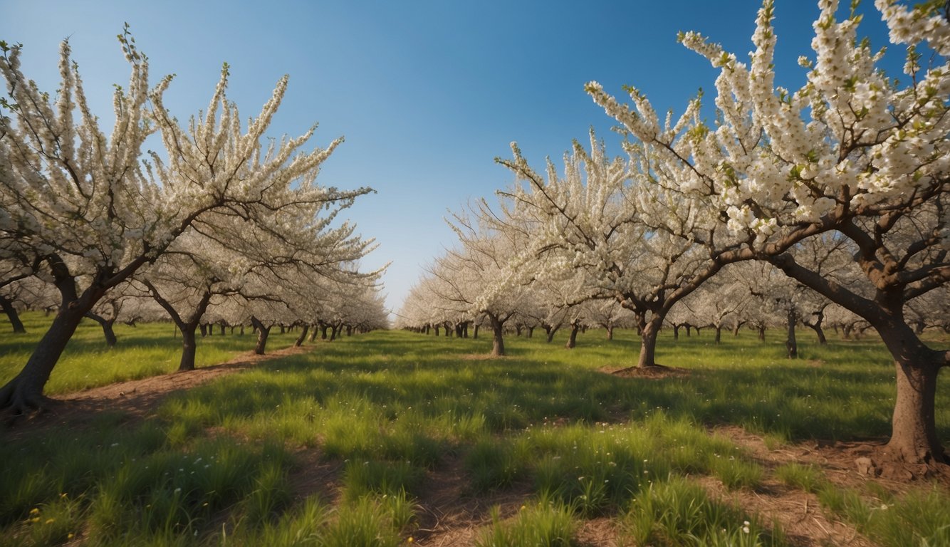 A sprawling orchard with vibrant, blossoming fruit trees in full bloom, set against a clear blue sky