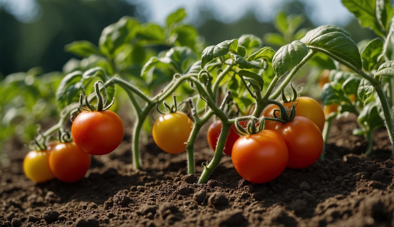 Various fertilizers surround a healthy tomato plant, including organic and synthetic options. The plant is thriving, with vibrant green leaves and numerous ripe tomatoes