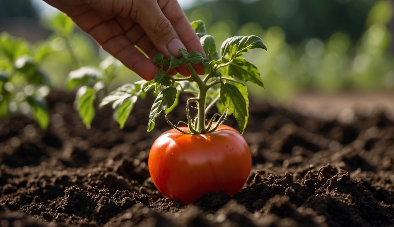 A tomato plant surrounded by well-rotted compost, with a person sprinkling balanced fertilizer around the base. The plant is healthy and vibrant, with ripe tomatoes hanging from the vine