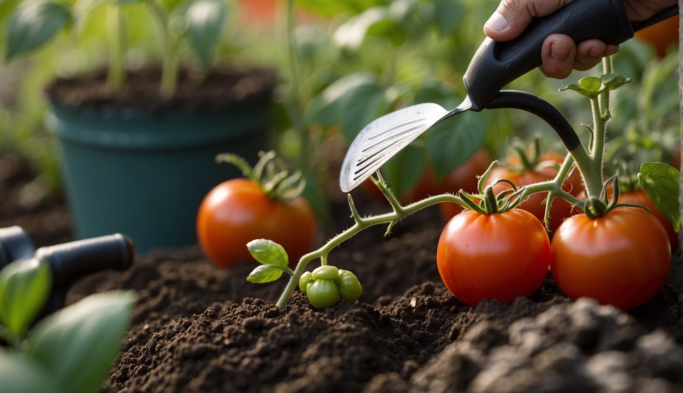 A tomato plant being fertilized with a recommended fertilizer, surrounded by gardening tools and a watering can
