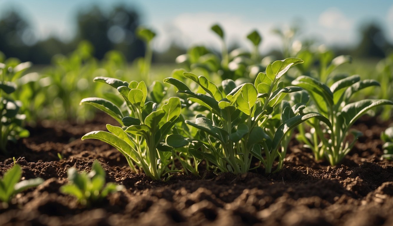 Lush arugula plants thrive in nutrient-rich soil under the warm sun, with delicate leaves reaching towards the sky