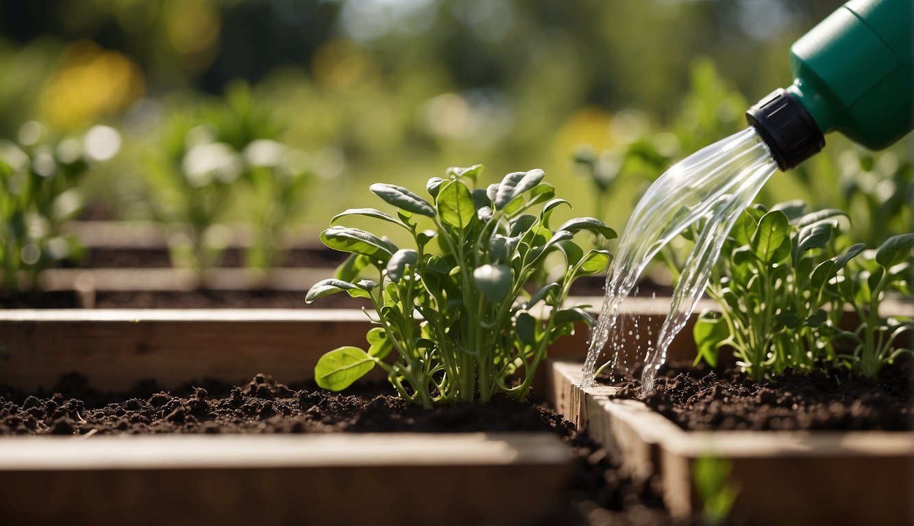 Arugula plants being watered and pruned in a sunny garden bed