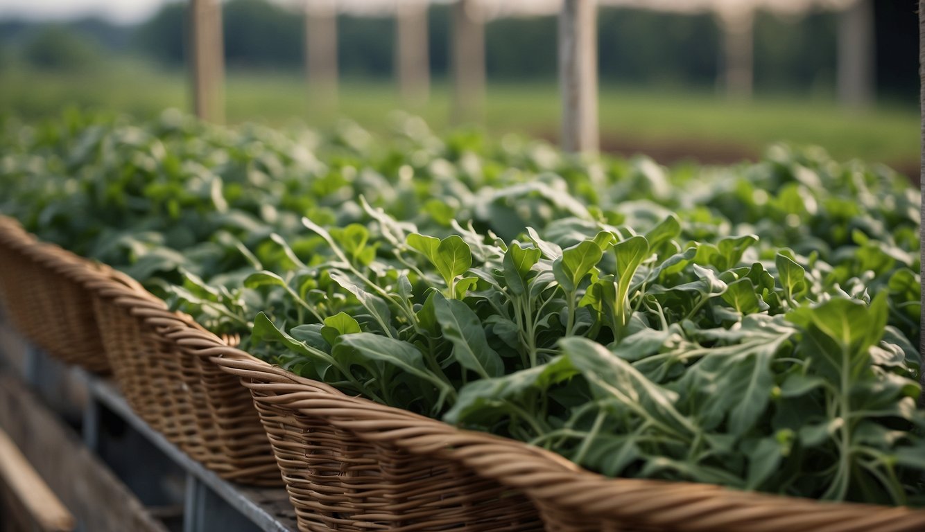 Arugula being harvested and stored in baskets