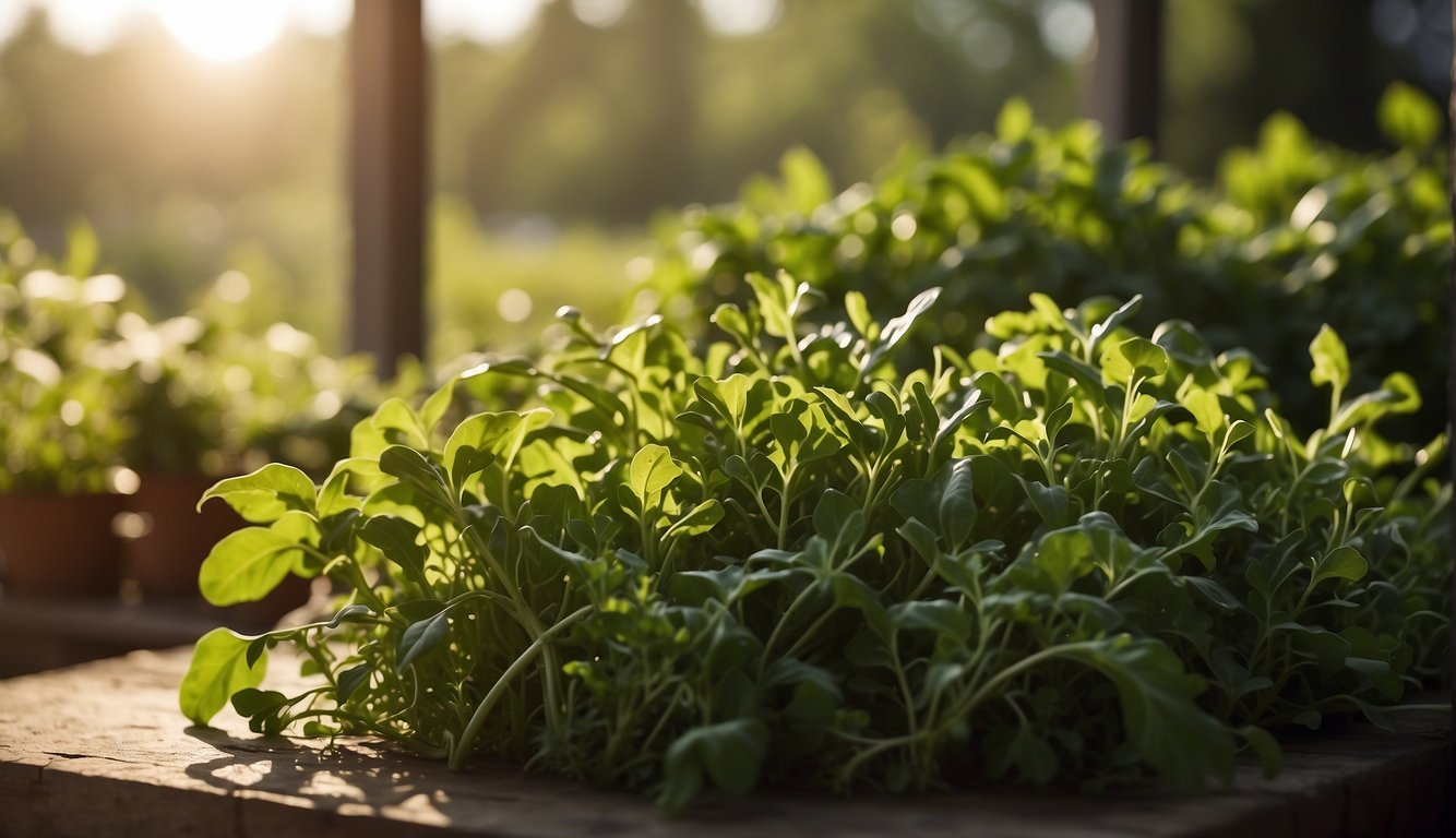 Lush arugula plants thrive in a sunlit kitchen garden, their vibrant green leaves reaching towards the light