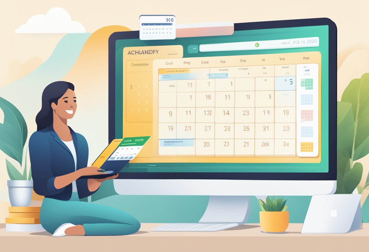 A computer screen with ACH payment options, a calendar showing recurring payments, and a satisfied customer receiving benefits