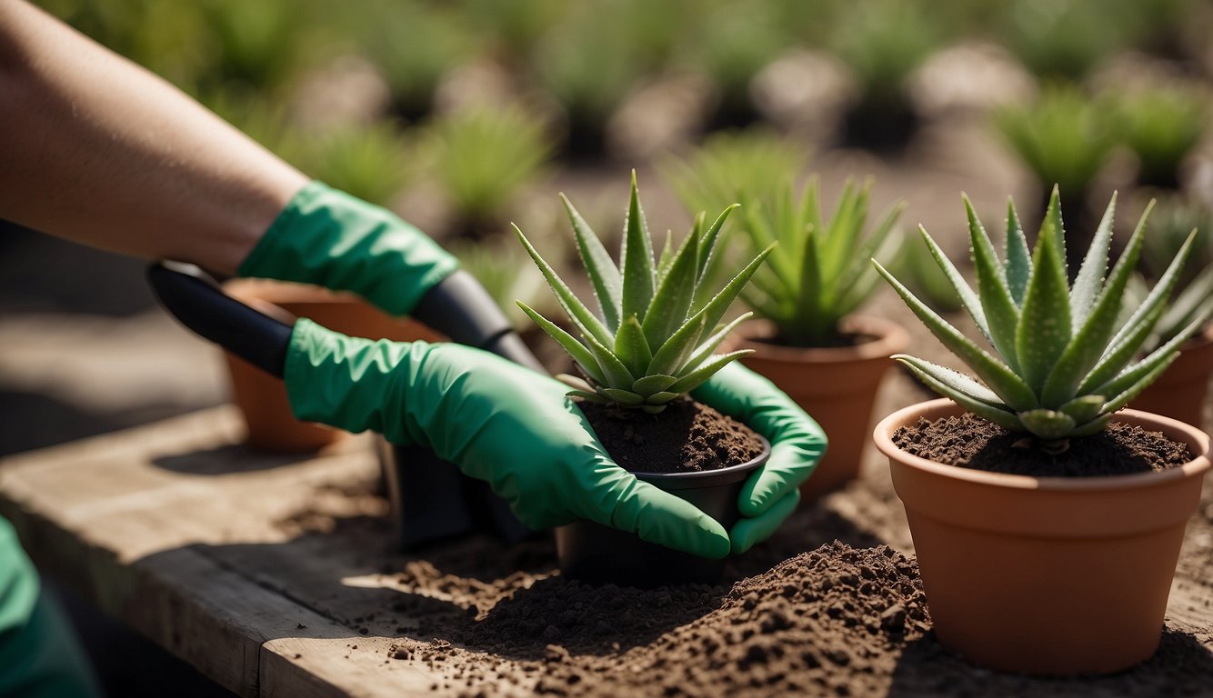 Aloe vera plant on a table, with soil, shovel, and pot nearby. Hands wearing gloves holding a small aloe vera plant, ready for transplantation