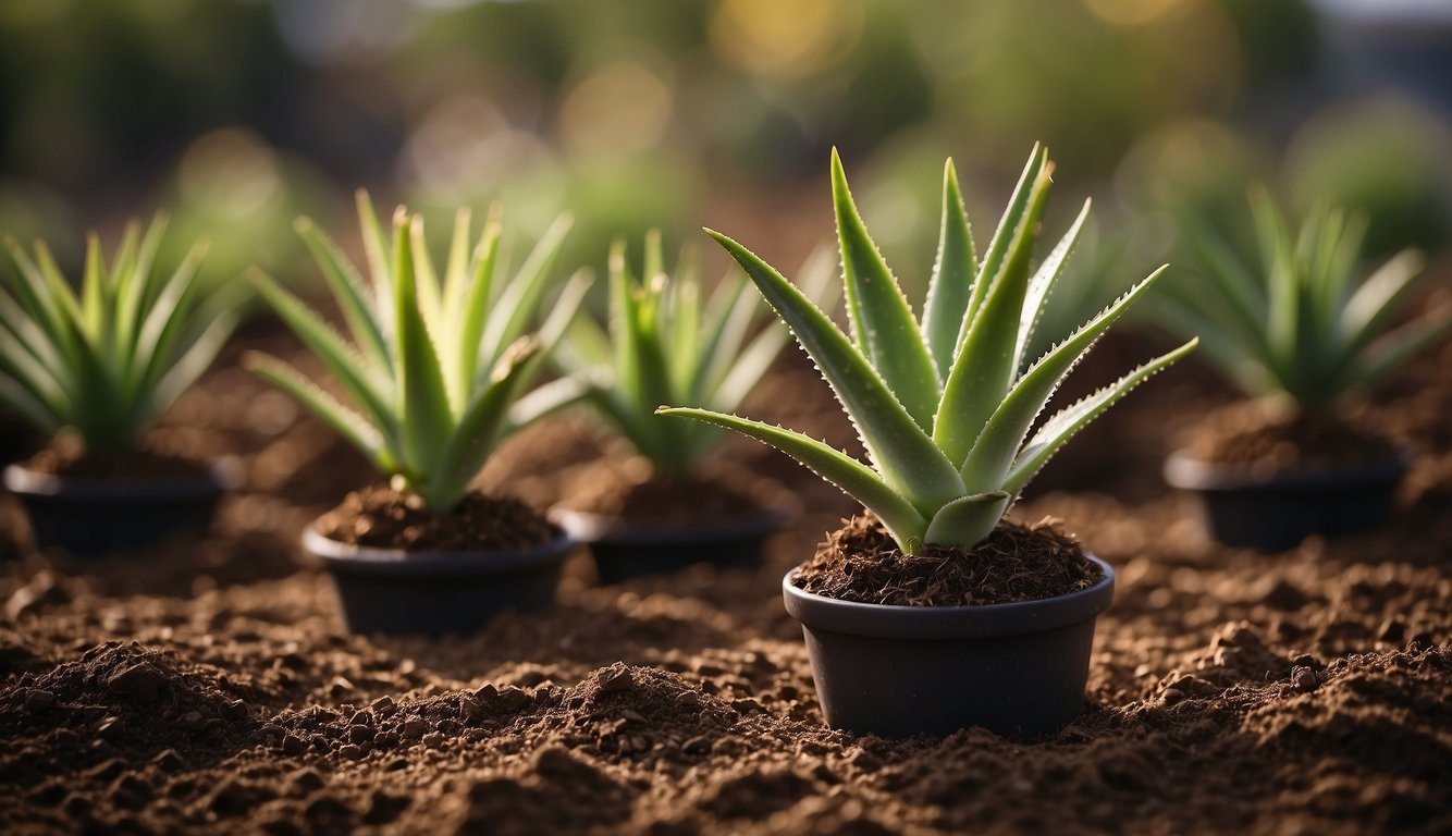 Aloe vera plant being carefully removed from its pot, roots gently loosened, and then placed into a new larger pot with fresh soil