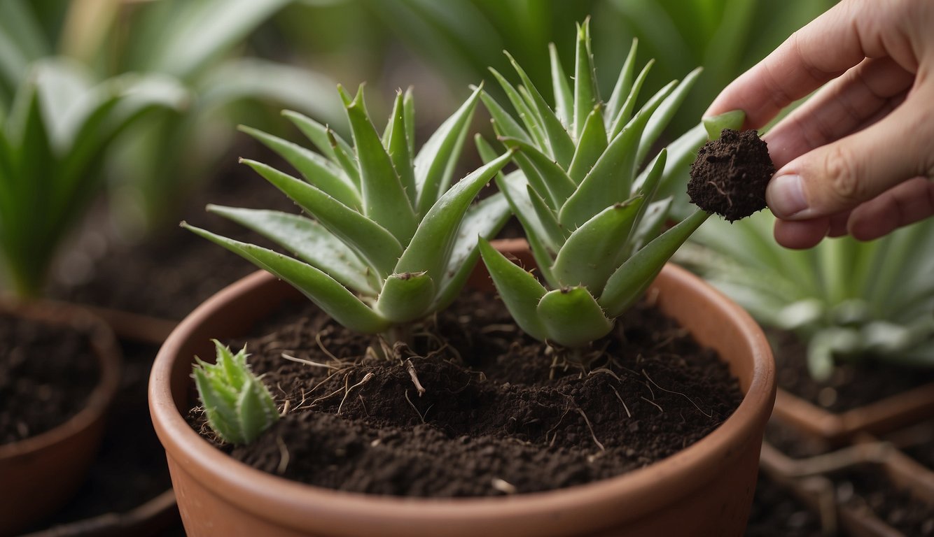 Aloe vera plant being gently removed from its pot, roots inspected, and carefully placed into a larger, prepared container with fresh soil