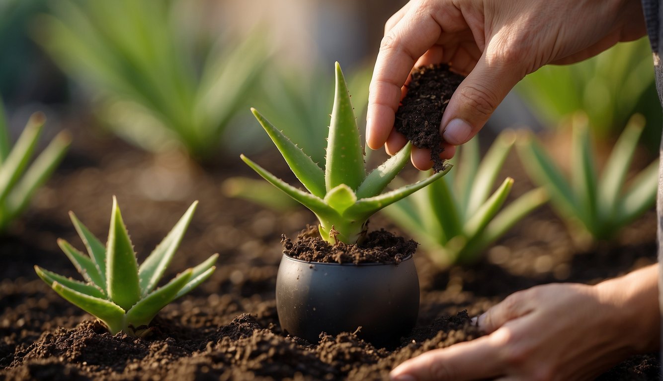 Aloe Vera plant being carefully uprooted and transplanted into a new pot with fresh soil