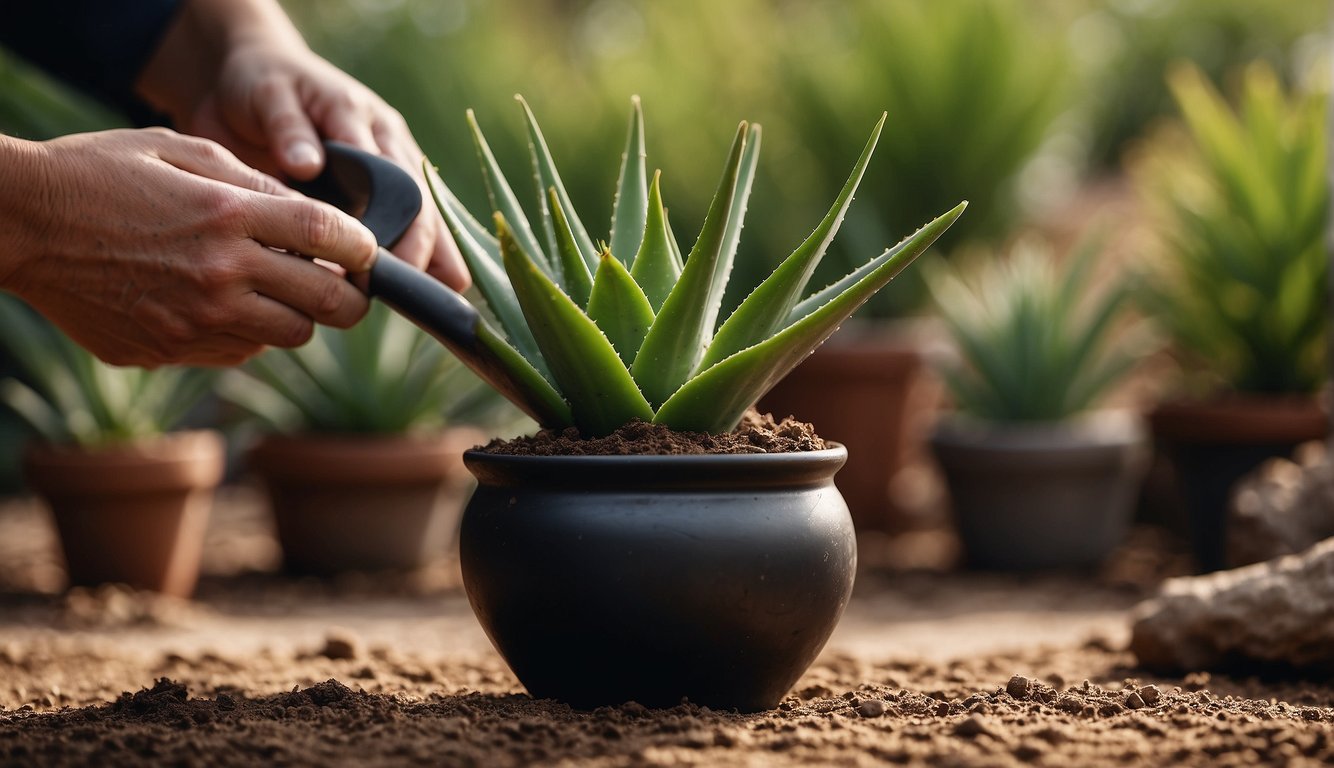 Aloe vera plant on a table, soil, pot, small shovel, roots exposed, hands holding plant, another pot nearby