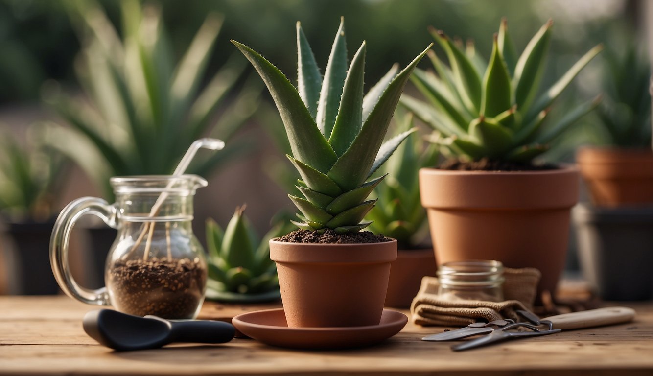 Aloe vera plant on a table with soil, gardening tools, and a small pot nearby. A step-by-step guide on a nearby wall