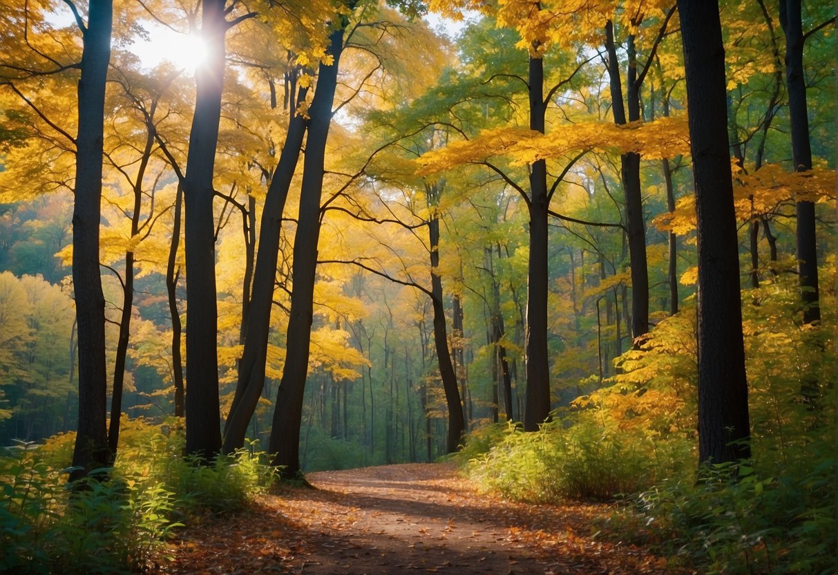 Lush green ash trees stand tall against a backdrop of vibrant fall foliage in a Minnesota forest, highlighting the importance of preserving these iconic trees