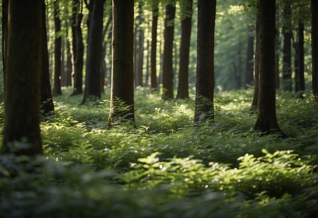 A dense forest of ash trees, with vibrant green leaves and a variety of wildlife thriving in the canopy and on the forest floor