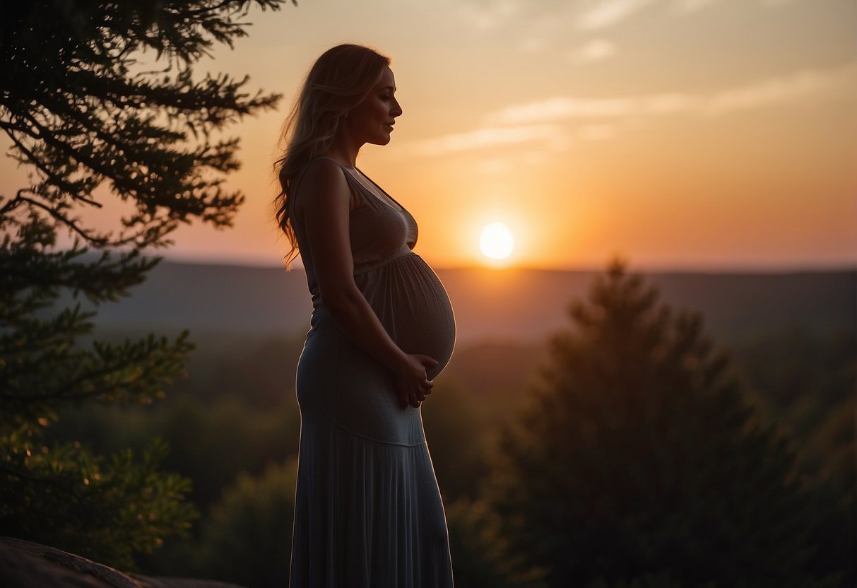 Silueta tehotnej ženy proti žiariacemu západu slnka, držiaca sa za brucho s pokojným výrazom
