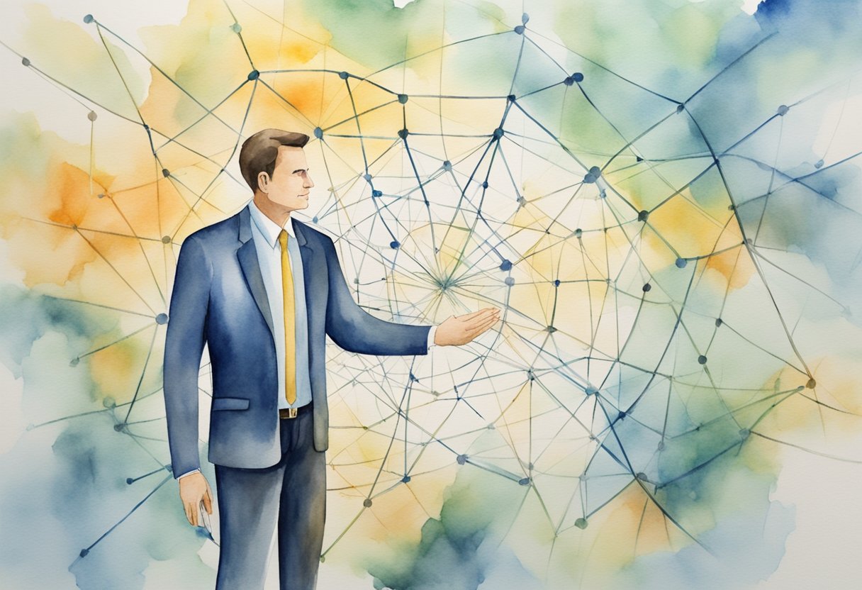 A manager stands at the center of a web of interconnected arrows, representing the flow of communication and decision-making within an organization