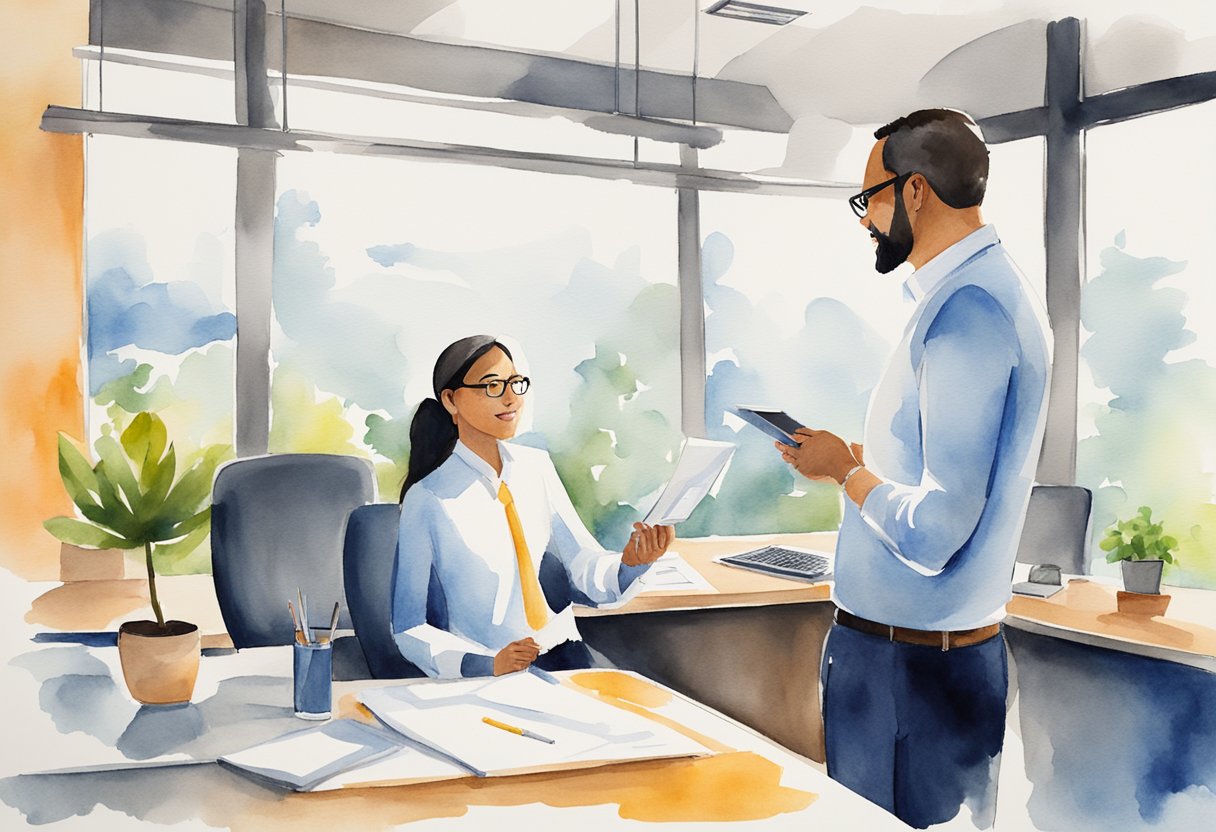 A manager and team member engage in open communication and collaboration, exchanging ideas and feedback. The manager listens attentively and provides guidance, fostering a positive and productive working relationship