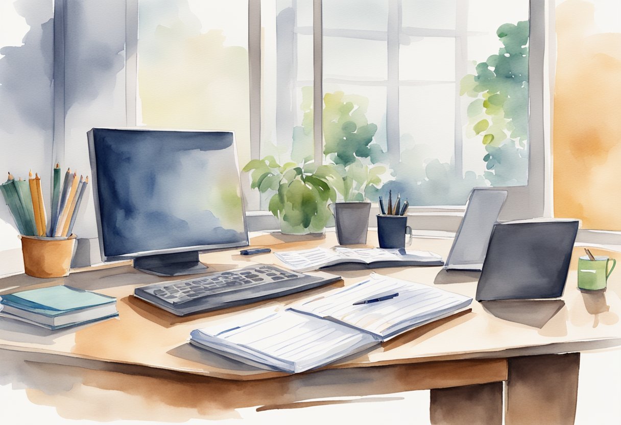 A desk with a planner, computer, and notes. A manager's office with a whiteboard displaying goals and a manager's desk with a confident posture