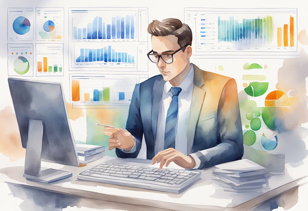 A manager reviews performance data on a computer, surrounded by charts and graphs. They are adjusting settings and analyzing trends