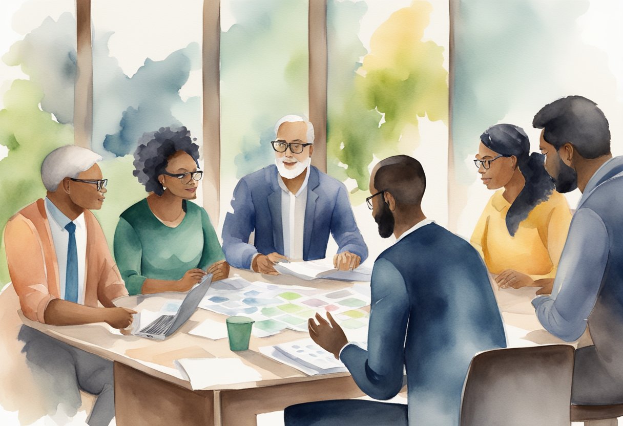 A group of diverse individuals collaborating around a table, sharing ideas and working together. A manager is seen facilitating the discussion, encouraging open communication and teamwork