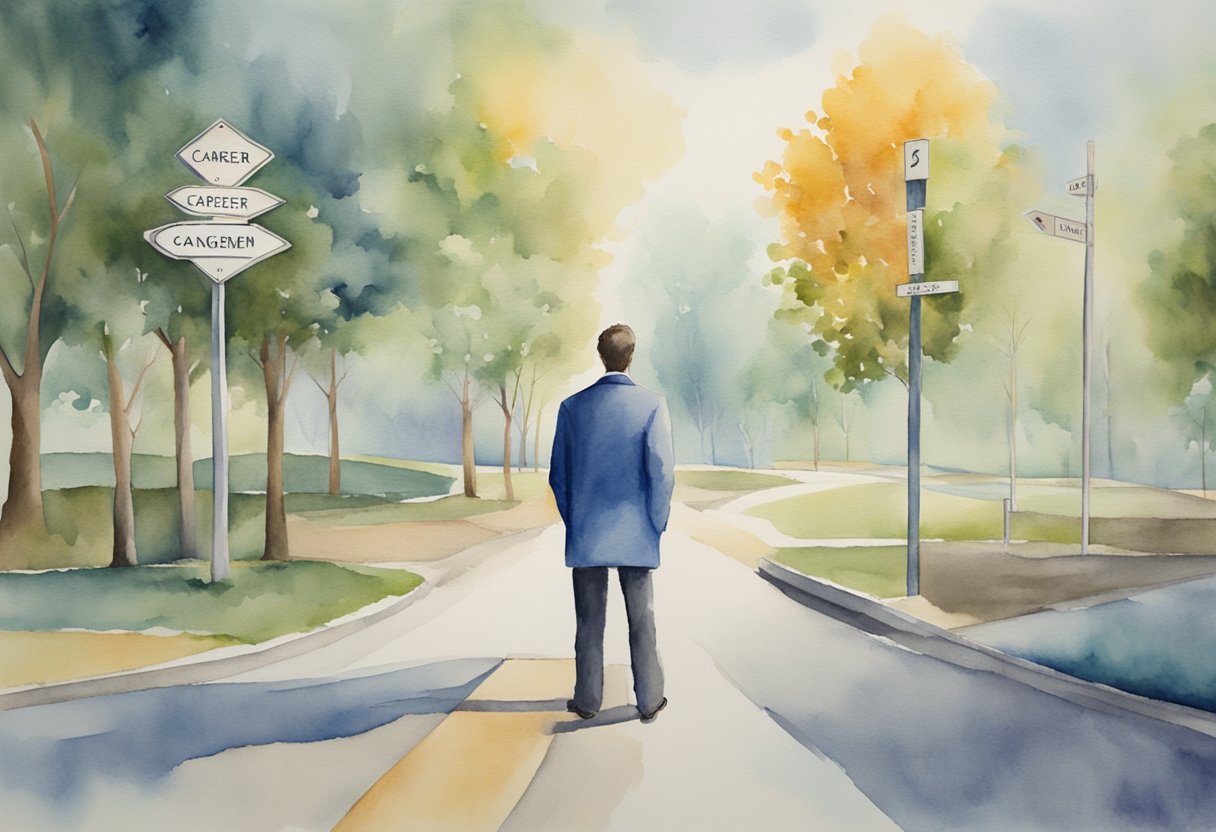 A figure stands confidently at a crossroads, with multiple paths leading in different directions. Signposts labeled "Career Management" and "Advancement" point the way forward