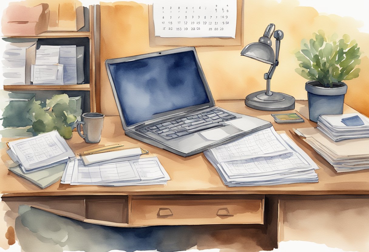 A desk with a neatly organized calendar, a stack of papers, and a laptop. A confident manager's nameplate sits prominently on the desk